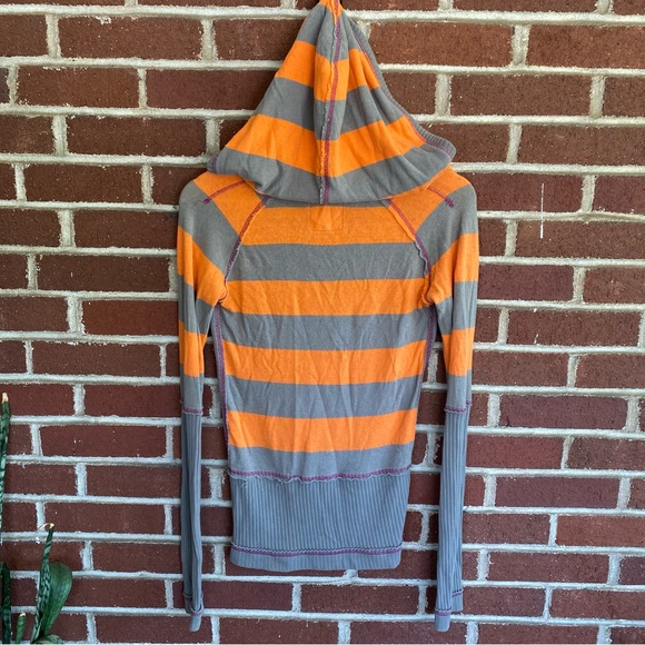 Free People Orange & Grey Striped Long sleeve w/ Oversized Hood Size XS - Picture 4 of 14